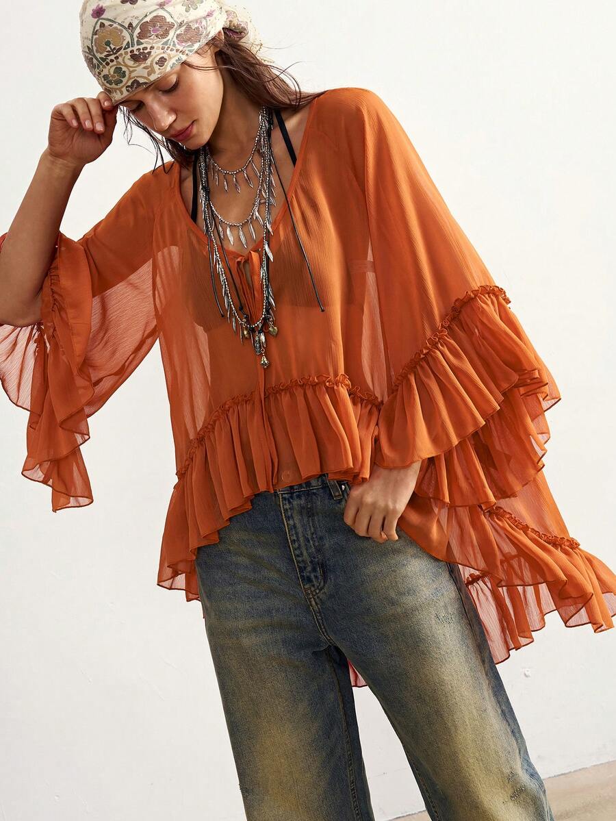 Bohemela Camisa holgada de mujer de unicolor con volantes en el bajo - Naranja - Ver 1