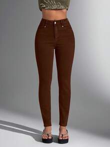 Jeanoix Jeans ajustados de mujer con unicolor, bolsillos y botones - Café integral - Ver 1