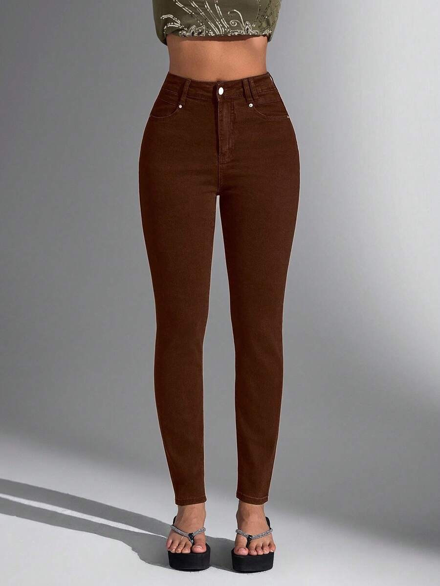 Jeanoix Jeans ajustados de mujer con unicolor, bolsillos y botones - Café integral - Ver 1