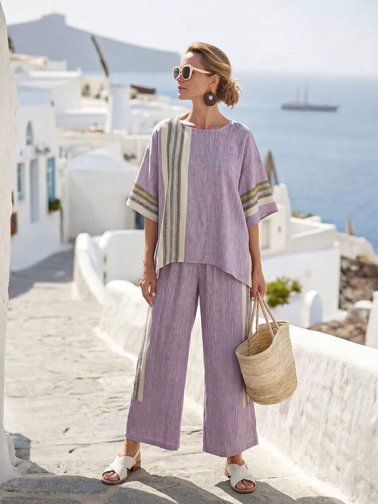 Women's Vacation Round Neck 3/4 Sleeve Shirt And Pants Casual 2 Pieces Set Vacation Summer Going Out Outfits Casual Women Outfits Two Piece Set Women