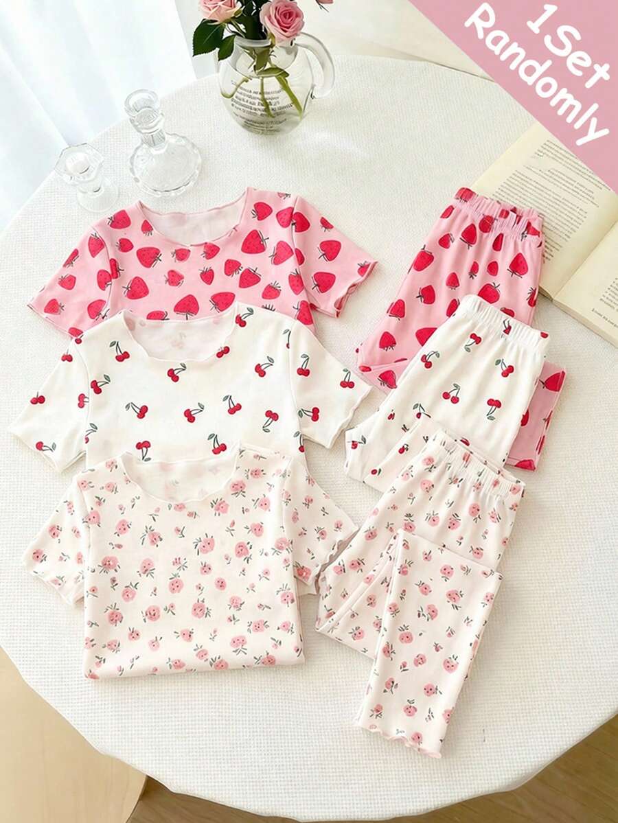 【随机3套,寄送1套】女童睡衣,经典畅销款,波点、彩虹、独角兽印花圆领荷叶边T恤搭配松紧腰印花裤家居服套装,1套 - 粉色 - 查看 1