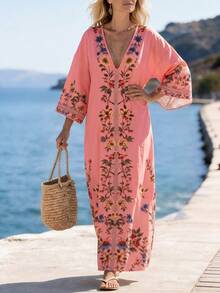 SHEIN Holidaya Đầm dài dáng rộng in hoa, đầm đi biển thường ngày, đầm maxi phủ ngoài in hoa, thích hợp cho kỳ nghỉ, du lịch, bãi biển, hoạt động ngoài trời, sinh hoạt hàng ngày, mua sắm, tụ họp bạn bè, du lịch Đông Nam Á/đảo, sự kiện theo chủ đề, tiệc ngoài trời mùa hè, dã ngoại, trang phục nghỉ mát nhẹ nhàng. - Hồng - Xem 3
