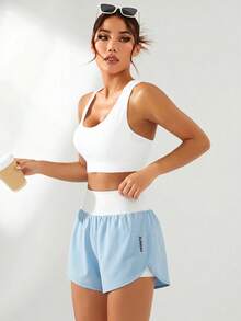 Powerista Celana Pendek Olahraga Wanita Kasual Serbaguna dengan Motif Huruf, Pinggang Tinggi, dan Belahan Samping - Baby Blue - View 5