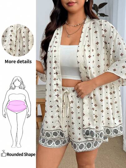 Enliva Bộ áo khoác cardigan và quần short in họa tiết dáng rộng cỡ lớn dành cho nữ, phong cách thường ngày đi nghỉ mát.