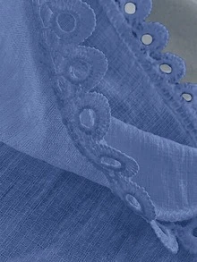 SHEIN LUNE CURVE Plus Size Shirt With Shoulder Ruffle Splice, Textured Linen Comfortable Blouse - Blue - View 3