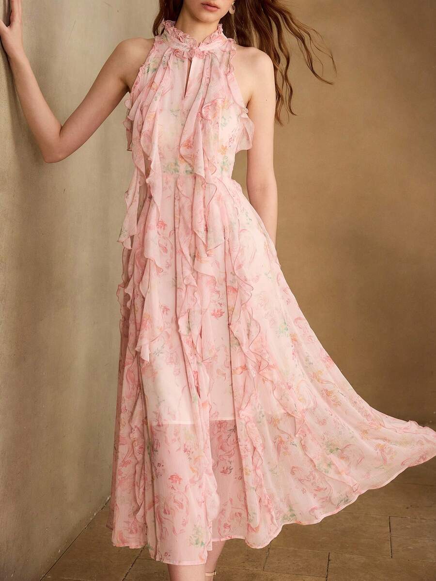 MOTF PREMIUM WOMEN'S FLORAL PRINT RUFFLE DETAIL DRESS - Pink - View 1