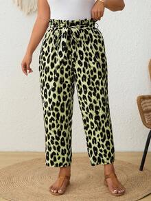 SHEIN Frenchy Plus Size Casual Boho Leopard Print Cropped Pants Vacation Light Green Autumn - Green - View 3