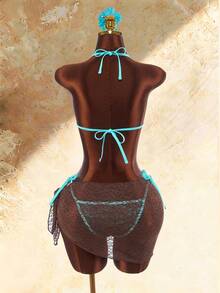 Amplova Women's Sexy Tropical Lace Overlay Swimwear Set, Fashionable For Vacation Bathing Suits Beach Party Brown Stripe Chocolate Summer Turquoise - Blue - View 12