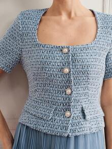 Zanirela Square Neck Button Front Tweed Fabric Top And Chiffon Pleated Skirt Set - Dusty Blue - View 2