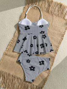 SHEIN Tween Girl Striped Floral Print Halter Tankini And Triangle Tankini Swimwear Set, Suitable For Summer Vacation And Beach - Black and White - View 2