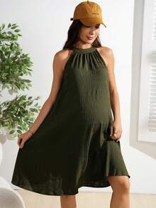 SHEIN 孕婦寬鬆舒適夏季純色掛脖洋裝 - 軍綠色 - 查看 4