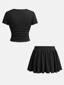 SHEIN Girlism 2件/套夏季青少年女孩修身T恤與迷你裙套裝，黑色純色短袖T恤與防走光迷你裙套裝，百搭日常、優雅、派對、約會、家庭聚會、畢業、度假穿搭 - 黑色 - 查看 3
