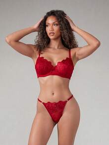 SHEIN 2pcs Mesh Embroidery Women's Lingerie Set - Red - View 4