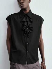 ROMWE MEN Goth Men's Solid Color Ruffle Hem Casual Versatile Daily Wear Shirt - Black - View 6
