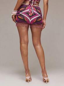 MUSERA Printed Mesh Crossover Waist Fitted Beaded Tassel Mini Skirt Spring Summer Festival Holiday Vacation Cute Disco Sexy Y2k Party Club Deep Purple - Purple - View 2