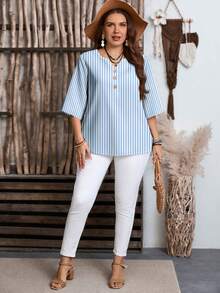 EMERY ROSE Striped Casual Minimalist Plus Size Shirt Suitable For Summer - Multicolor - View 6