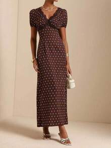 Vesra Women's Polka Dot Print Lace Trim French Style Vacation Dress - Brown - View 4