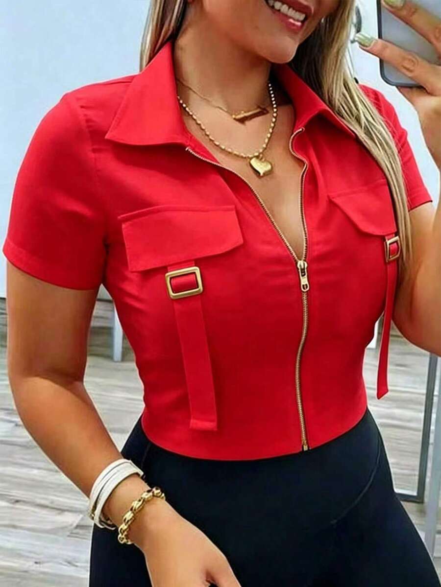 EMERY ROSE Plus Size Women Casual Sexy Zipper Solid Color Shirt - Red - View 1
