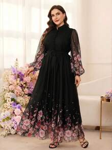Modelyn 女款花卉印花網格長袖A字收腰浪漫度假風優雅大尺碼洋裝 - 黑色 - 查看 5