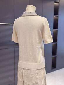 SHEIN Middle-Aged & Elderly Women Beige Ribbon Decor Short Sleeve Knit Top - Apricot - View 2