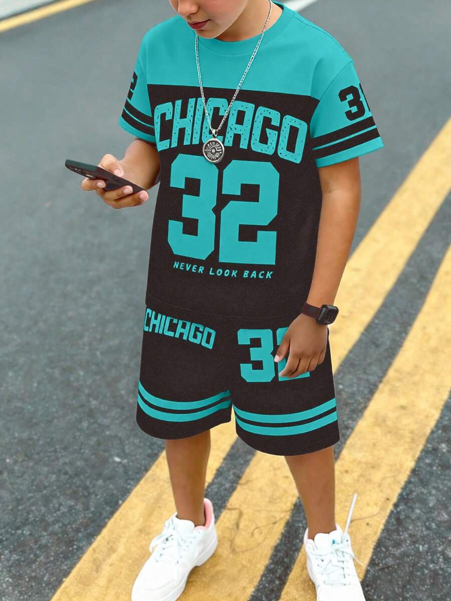 2pcs/Set Boys' Casual Streetwear Chicago Number 32 Striped Green Black Graphic Tee And Shorts Set,Summer City Break Fashionable Chic Daily Outfit - Multicolor - View 1