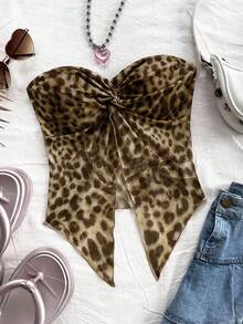 Soleia Women Casual Twist Leopard Print Bandeau Top, Summer - Multicolor - View 3