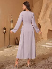 Al Najma Elegant Beaded Embroidery Round Neck Arabic Style Dress For Women - Mauve Purple - View 2
