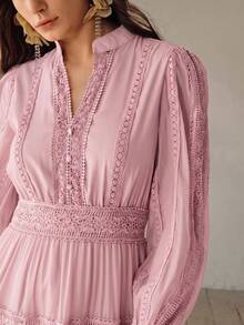 Anewsta Vintage V-Neck Lace Patchwork Waist Cinched Long Sleeve Flared Dress, Slimming Elegant High-End - Pink - View 3