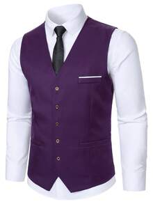 Manfinity Mode Men's Business Button Vest Jacket And Casual Pocket Pants Suit Set - Purple - View 4