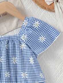 Elladie kids Girls' Cute Sweet Daisy Print Square Collar Puff Sleeve Top, Suitable For Girls In Summer, Holidays, Retro And Various Occasions, Ideal Choice For Spring And Summer - Blue - View 5