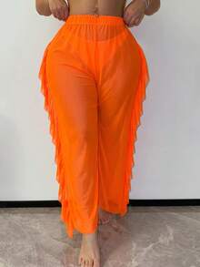 Slaydiva Plus Size Women Holiday Solid Color Side Ruffle Trim Cover Up Pants Set Beach Vacation Orange Summer - Orange - View 2