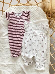 Newborn Simple Elegant Pink & Brown Striped And White Butterfly Print Sweet Cute Ruffle Trim Long Sleeve Casual Comfortable Romper Jumpsuit 2-Piece Set - Pink - View 3
