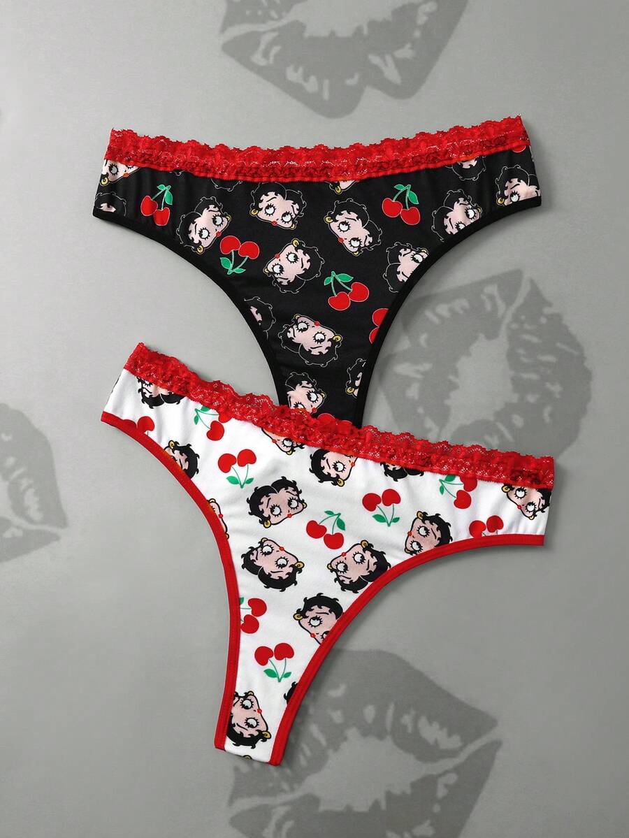Betty Boop x SHEIN Women's Cartoon Print Contrast Lace Thong Panties - Black and White - View 1
