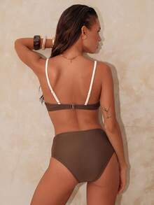 Swim Chiccia Women's Solid Color Underwire Bikini Set With High Waist Bottoms, Spring/Summer - Coffee Brown - View 2