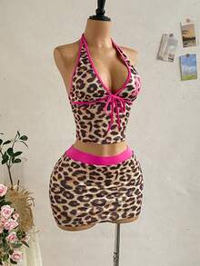 Soleia Conjunto de 2 piezas para vacaciones de mujer: Top con estampado floral de cuello halter y minifalda a juego, adecuado para la playa y la - Multicolor - Ver 1