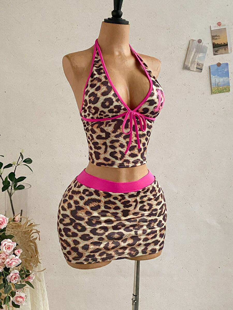 Soleia Conjunto de 2 piezas para vacaciones de mujer: Top con estampado floral de cuello halter y minifalda a juego, adecuado para la playa y la - Multicolor - Ver 1