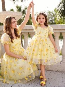 SHEIN Glamorique Kids 少女優雅迷人粉色可愛泡泡袖收腰奢華雙層刺繡網紗蓬蓬洋裝正式禮服 - 黃色 - 查看 7
