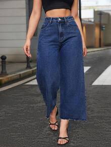 SHEIN ICON 大码女式浅灰色弹力腰毛边直筒牛仔裤 - 深色水洗藍 - 查看 6