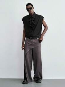 ROMWE MEN Goth Men's Solid Color Ruffle Hem Casual Versatile Daily Wear Shirt - Black - View 7