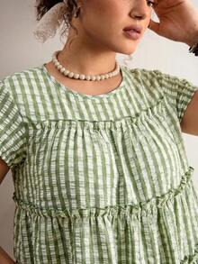 Freevana Plus Size Women's Round Neck Plaid Ruched Casual Versatile Daily Wear Shirt - Mint Green - View 7