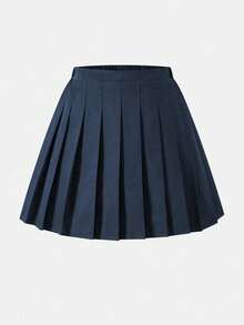SHEIN 女童百褶高腰裙褲，內建安全短褲，2合1裙褲，四季百搭，可搭配襯衫、T恤、Polo衫、連帽衫、外套 - 藏蓝色 - 查看 3
