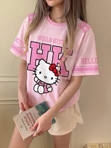 CovetEZ HELLO KITTY AND FRIENDS | SHEIN 可愛休閒極簡運動街頭百搭派對機場風，數字英文字母學院風星星貓咪印花圖案，音樂節，女款夏季圓領寬鬆短袖T恤 - 彩色 - 查看 5