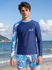 SHEIN 2pcs/Set Teen Boy Casual Vacation Printed Long Sleeve Swimsuit And Swim Trunks - Multicolor - View 6