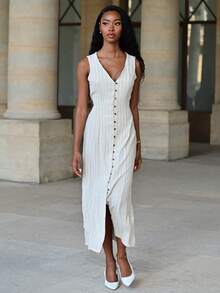 Mima John Women's Dresses Linen Dresses Tie Back Waist Button Placket Striped Dress Vest Dress Boho Holiday Women's Sleeveless Striped Dress Casual Summer - Apricot - View 6