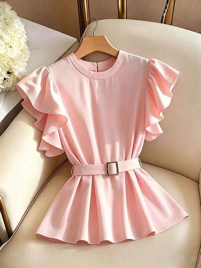 GlowEve Sleeveless Ruffle Hem Casual Elegant Commuter Daily Wear Tea Party Soft Pink Belted Blouse For Women Summer
