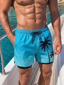 Manfinity Swimmode Men's Coconut Tree Print Drawstring Waist Pocket Beach Shorts - Multicolor - View 4