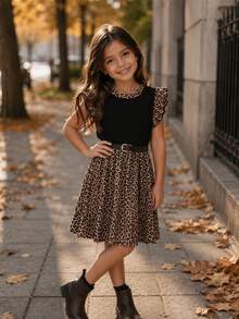 SHEIN Vestido casual de niña con cuello redondo, de punto, de unicolor y estampado de leopardo en patchwork - Caqui - Ver 4