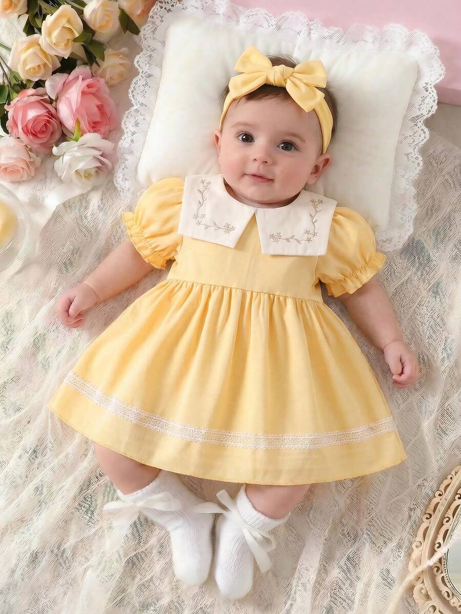 SHEIN 新生女嬰春夏季粉色短袖泡泡袖洋裝，搭配刺繡彼得潘領、蕾絲飾邊裙襬，可愛甜美公主風，新生女嬰套裝