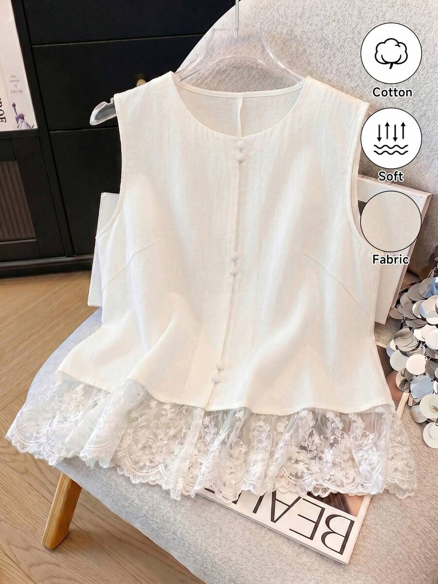 SHEIN Franclia 女款素色春夏休閒刺繡蕾絲拼接無袖上衣 - 白色 - 查看 1