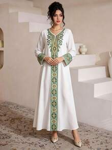 SHEIN Najma 花卉印花V領長袖長洋裝，優雅阿拉伯風情服飾，春夏時尚 - 彩色 - 查看 4